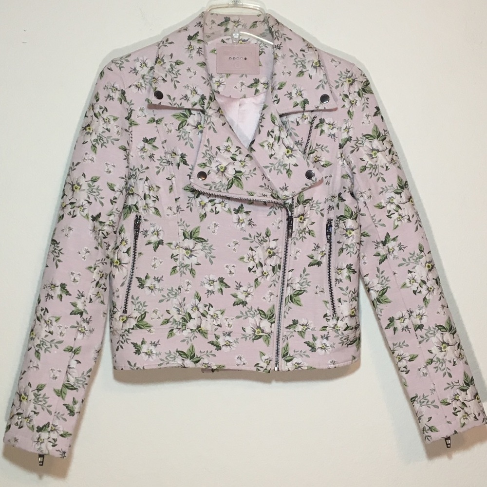 Light Pink Floral Knit Moto Style Jacket S